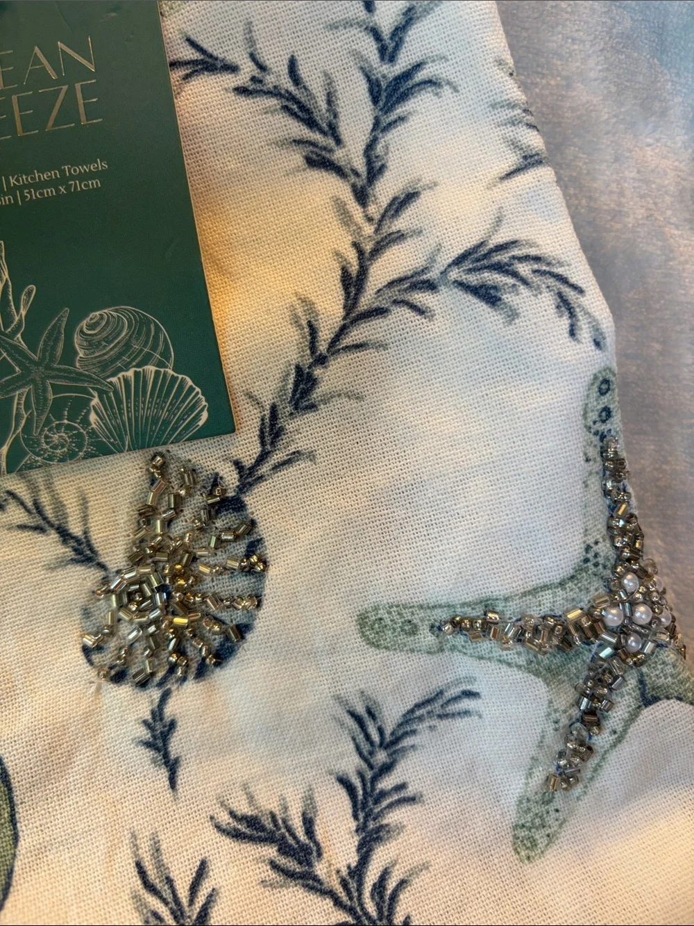 Ocean Breeze Coastal Beach Shells Kitchen Towels Beaded front NWT Cotton